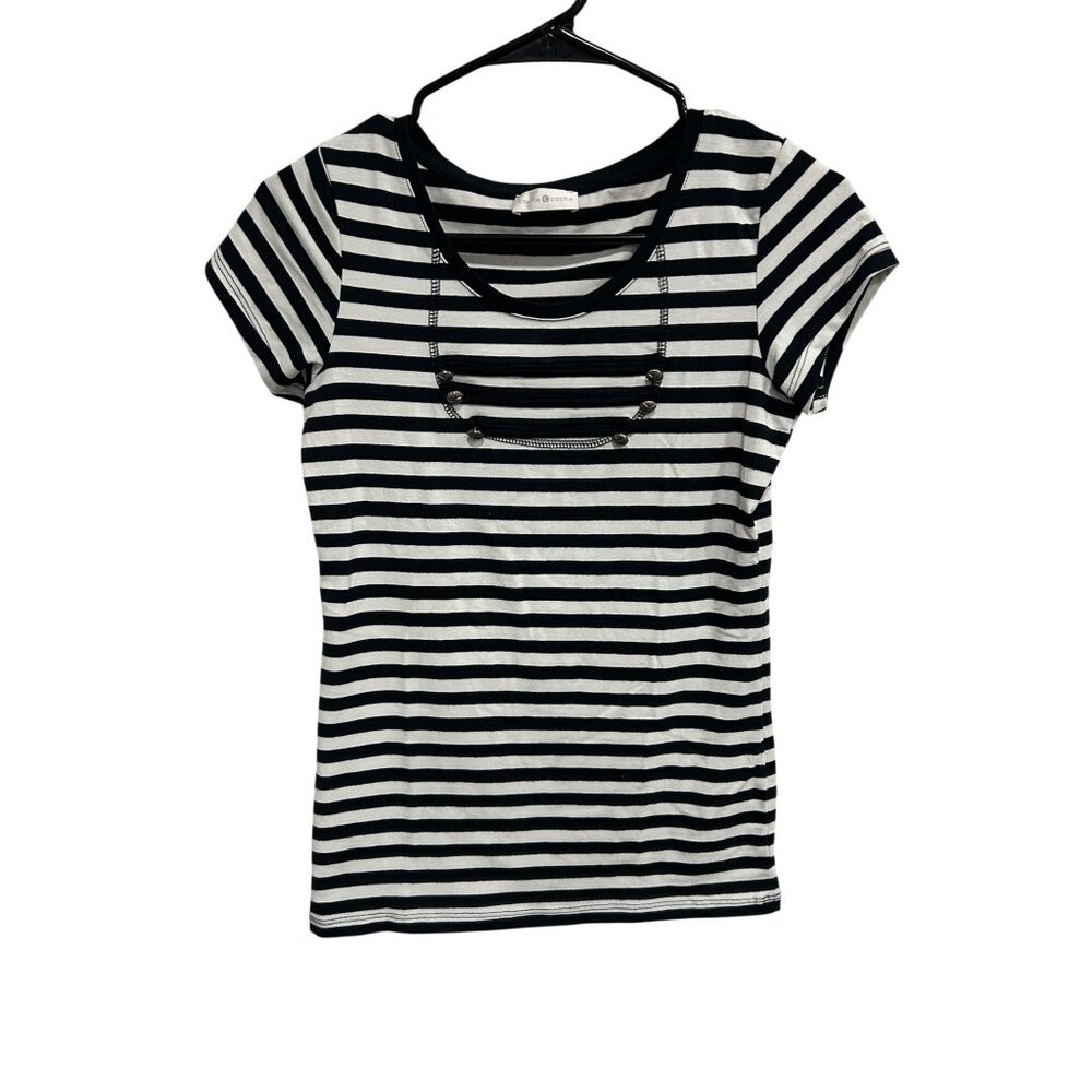Cache Cache Buttons Zipper Detail Striped Short Sleeve T-Shirt Size 1 Classic